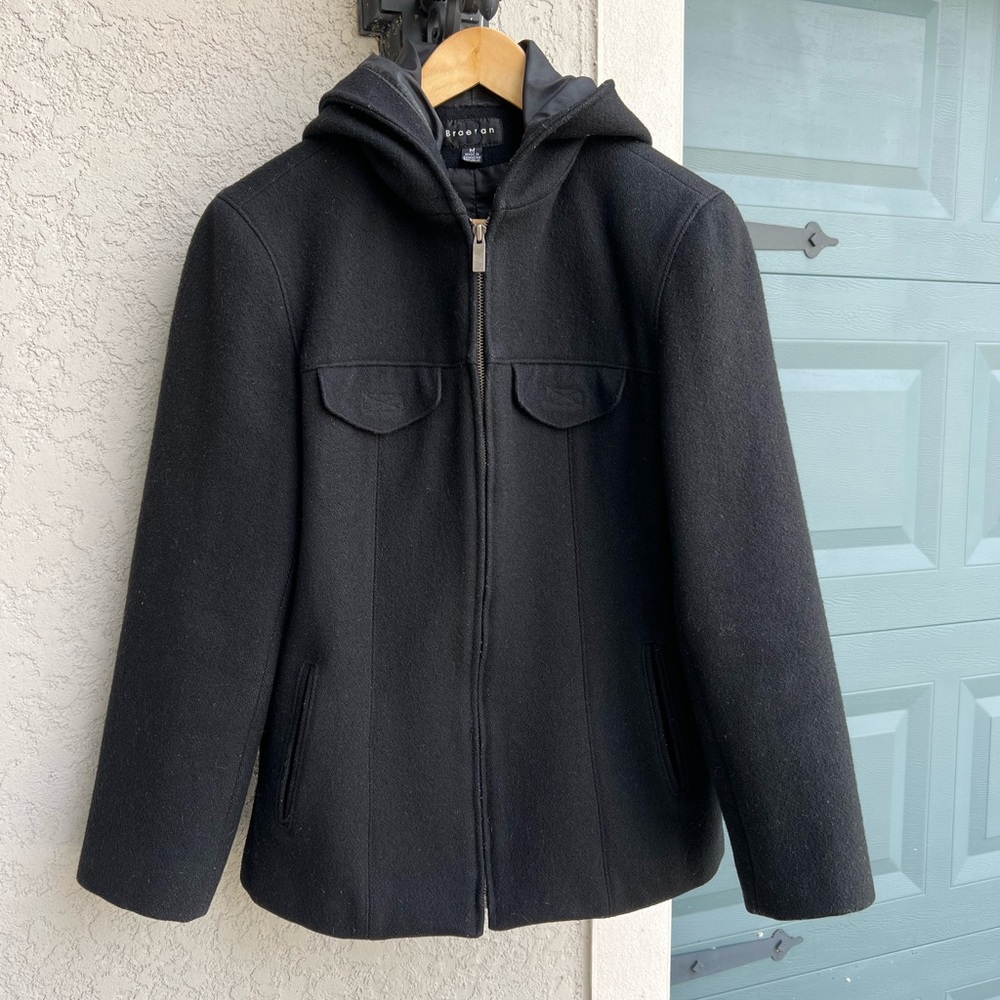 Vintage Braetan Women’s Black Wool Zip Up Hooded Jacket With Pockets Size Medium